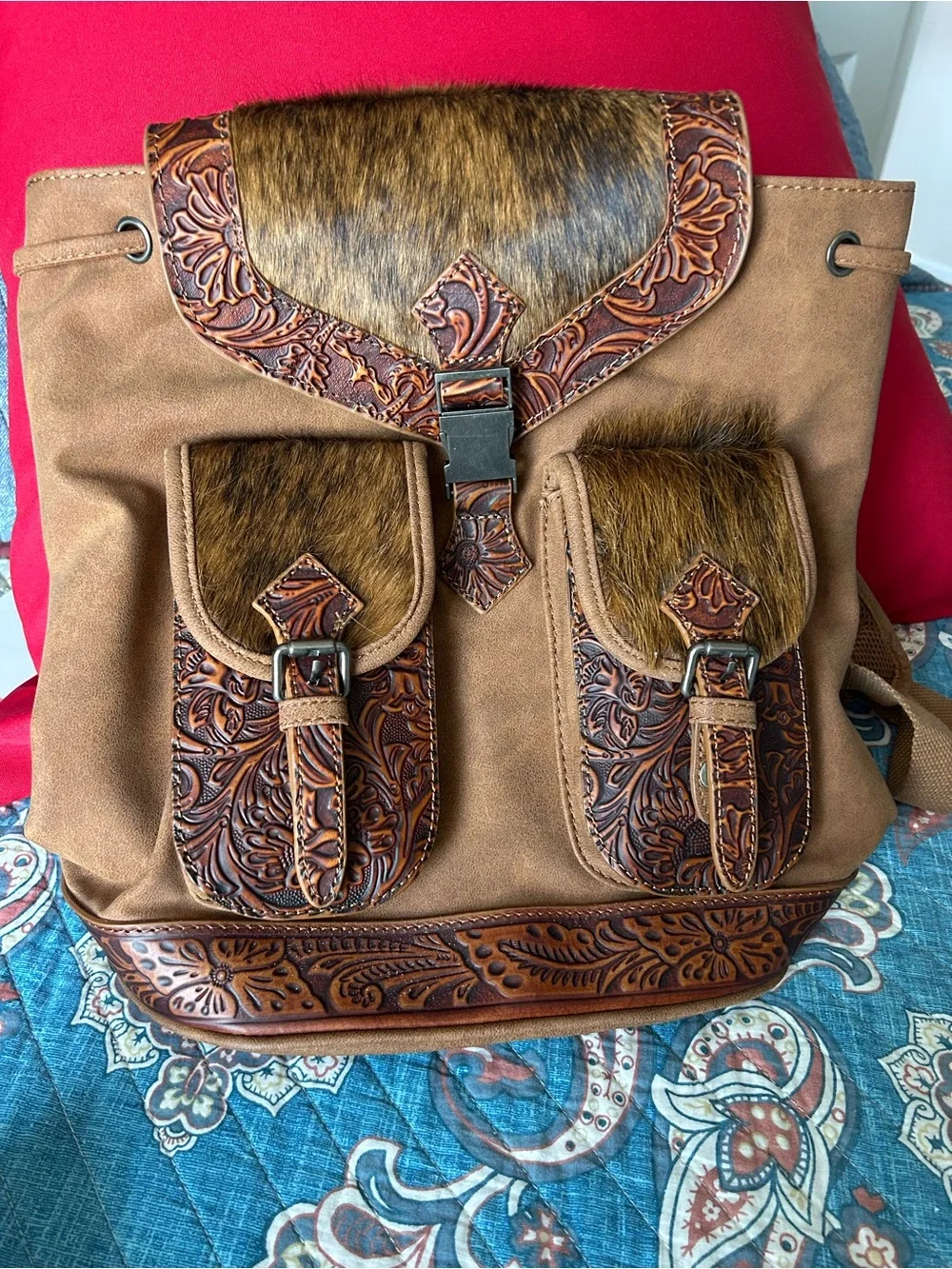Trinity Ranch Brown Western Tooled Leather-Accented Women’s Backpack purse.